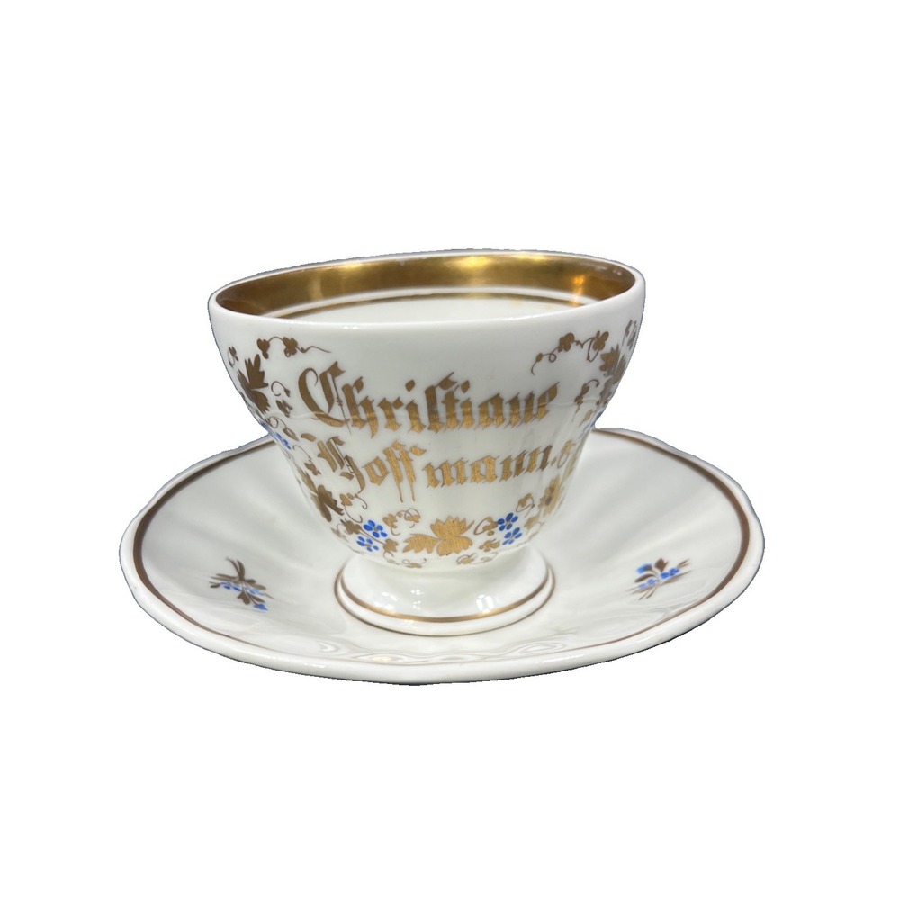 Antique KPM German Porcelain Hand Painted Floral Gold Tilted TeaCup Saucer 1800s